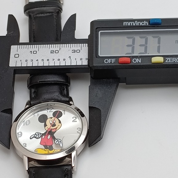 Disney Mickey Mouse Watch Silver Dial Black Leather Strap 33mm New Battery - Picture 9 of 12